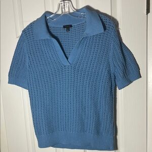 Talbots Pointelle stich polo sweater v neck short sleeve pullover azure blue M